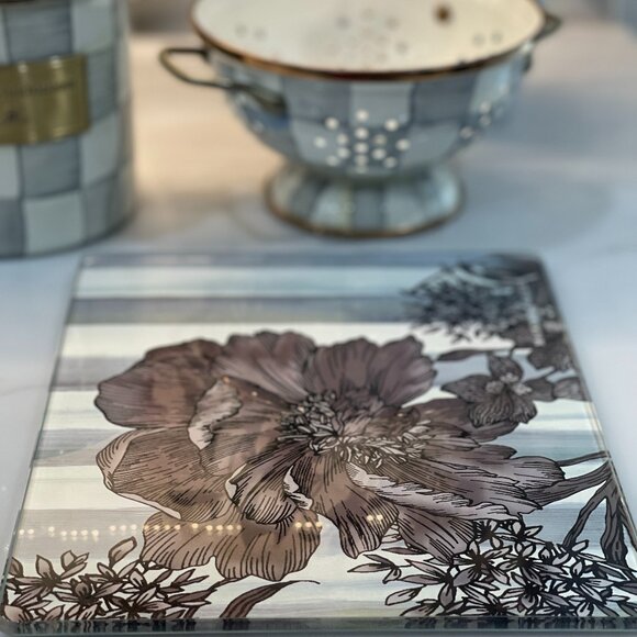 MacKenzie-Childs Glass Worktop Saver / Serving Board — Large Floral on Sterling - Picture 3 of 16